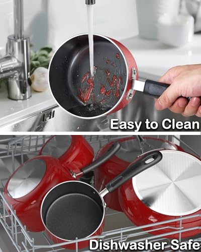 Cook N Home Basic Nonstick Saucepan with Glass Lid, Non Stick Aluminum Sauce Pan, Small Multi-purpose Kitchen Pot, Milk Chocolate Cooking Pot Pan with Stay-Cool Handle, 1-Quart, Marble Red
