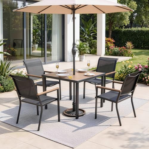 NATURAL EXPRESSIONS HDPS Patio Outdoor Table and Chairs Set for 4, Patio Dining Set with 4 Textilene Chair and 36” Square Fauxwood Patio Table with Umbrella Hole for Garden, Backyard, Deck (Black)