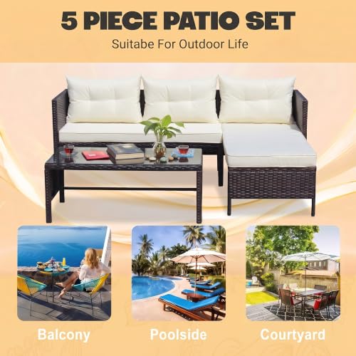 OMNIBERG 5 Piece Outdoor Sectional Patio Furniture Sets, All Weather Outdoor Wicker Rattan Patio Conversation Set, Patio Seating Sofas with Cushions, Lumbar Pillows and Tempered Glass Table