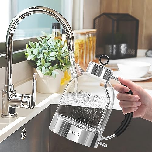 ASCOT Glass Electric Kettle, 1.5L Borosilicate Glass, 1500W, Silver