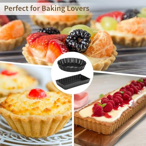 Mini Tart Pans With Removable Bottom Nonstick Quiche Pan, 8Pieces Round and 8Pieces Rectangle Pie Pans, 4 Inches Carbon Steel Mini Pie Pans, Fluted Side Dessert Baking Mold Set for Egg Tarts