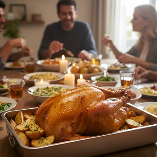 e esscopro 23.5''x15.5''x4''roasting Pan Stainless Steel Turkey Roasting Pan Extra Large Thickened Baking Tray with Handle for Christmas Thanksgiving Oven Turkey Roasts Multilayer Lasagna Baked Goods