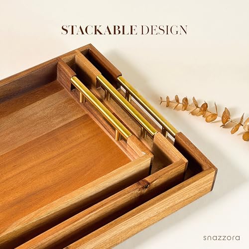 SNAZZORA 3 Pcs Acacia Wood Serving Trays with Golden Steel Handles 18", 16" & 14" with 6 Coasters - for Coffee Table, Ottoman in Living Room, Breakfast in Bed, Jewelry, Decorative, BBQ, Charcuterie