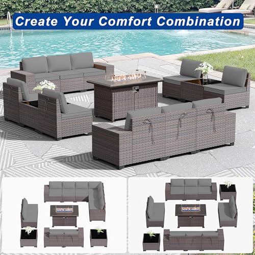 ASJMR Outdoor Patio Furniture Set with Fire Pit Table, 13 Pieces Outdoor Furniture Set Patio Sectional Sofa w/43in Propane Fire Pit, PE Wicker Rattan Patio Conversation Sets - Grey