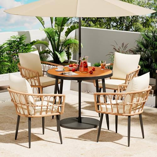 Pamapic 5-Pieces Patio Dining Set with Wood Table Top, All-Weather PE Rattan Patio Furniture Set, Outdoor Dining Furniture with Removable Cushion Chairs & Round Table for Garden Lawn Patio,Cream