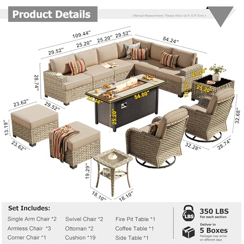 HOOOWOOO Outdoor Sectional Patio Furniture Set with Fire Pit Table,13 Pieces Wicker Conversation Sets L Shaped Couch,Extra Deep Out Door Sofa Outside Furniture with Swivel Chairs Ottomans,Beige