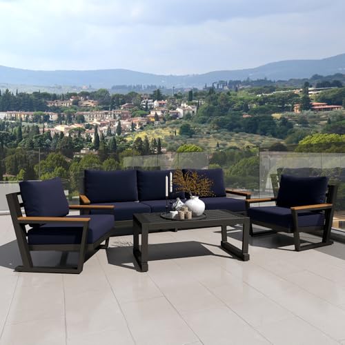 Aluminum Outdoor Patio Furniture Set with Coffee Table,4 Piece Patio Conversation Sets with Washable Thick Cushions, Outdoor Sectional Furniture Set for Porch, Balcony, Deck, Yard, Blue