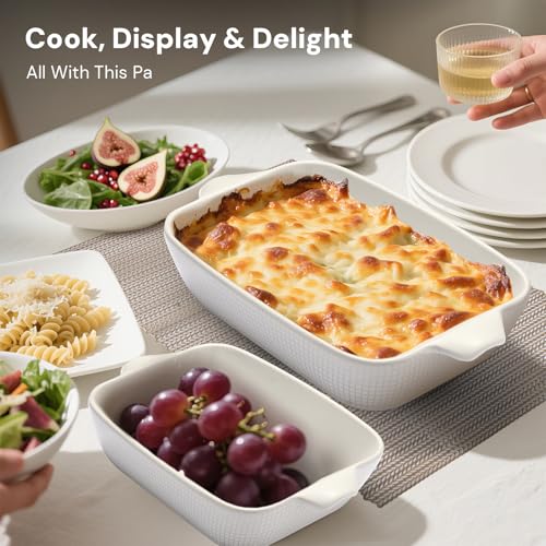 Fakafa Ceramic Casserole Dishes Set of 3, Stoneware Baking Pans for Oven, Rectangular Lasagna Dish & Bakeware Set, Pink (14.7’’/12.4’’/10.3’’)