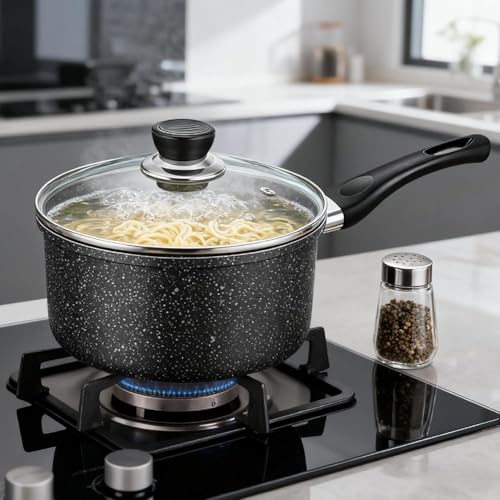 2 Quart Saucepan with Lid, Sauce Pan with Nonstick Swiss Granite Coating, Small Saucepot with Detachable Handle Multipurpose Induction Compatible