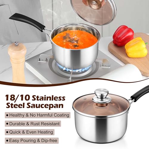 LIANYU 3QT Saucepan with Lid, Stainless Steel Sauce Pan Cooking Pot, 3 Quart Kitchen Cookware with Long Heatproof Handle, Dishwasher Safe