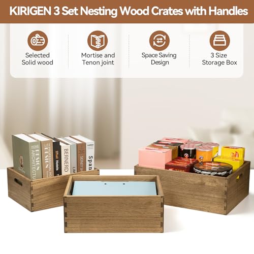 KIRIGEN Nesting Wooden Crates with Portable Handles for Home Organizer - Wood Rustic Decor Farmhouse Boxes / Basket Rolling Trays set of 3 Dark Brown