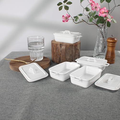 jinsongdafa Ceramic Mini Rectangular Cocotte Set, 2.37 Ounces Small Casserole Dishes with Lids and Handles Set of 4, Individual Baking Ramekins, Oven, Microwave & Dishwasher Safe (White, 6.1 Inch)