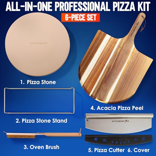 KitchenStar 16-inch Pizza Making Set, 6 PCS - Pizza Stone + Stainless Steel Rack, Acacia Wood Pizza Peel, Pizza Cutter Rocker + Protective Cover, Metal Brush - Oven & Grill Accessories Kit