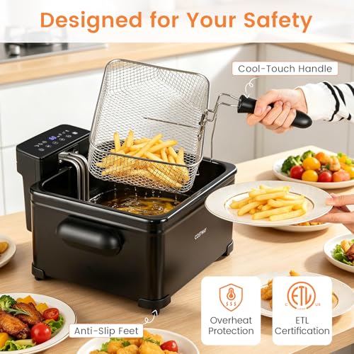 COSTWAY Deep Fryer with Touch Screen, 5.3-Qt/5L Electric Fryers with Basket, 6 Presets, 1700W Stainless Steel Countertop Fryer Pot w/Enamel Oil Tank, Viewing Window, Anti-Grease Filter & Timer, Black
