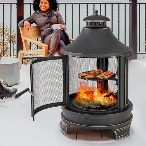 Giantex 2 in 1 Outdoor Fire Pit with Grill, 30 Inch Metal Chiminea, Wood Burning Fireplace with Chimney, Spark Screen Door & Fire Poker, Patio Firepit for Garden, Backyard, BBQ