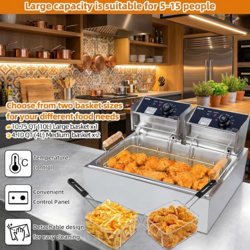 Commercial Deep Fryer with Basket, 12.7QT/12L Large Capacity Electric Oil Fryer, 3400W Stainless Steel Countertop Fryer with Temperature Control & Lids for Restaurant Home Kitchen