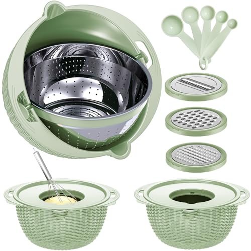 4-1 Strainer with Bowl & Spoons Set - Strainers and Colanders - Colanders for kitchen(Patented) - Pasta Strainer with Upgraded Graters & Spoons for Fruit Veggie Kitchen Essentials, Green