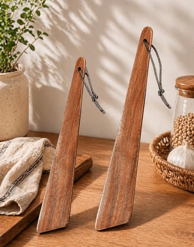ZenyLumi Wooden Spatula Set of 2, Acacia Wood Cooking Utensils with Thin Angled Edge, Nonstick Safe Wood Turner, Lightweight Kitchen Spatula 10" & 12" for Flipping, Stir Fry, Mixing