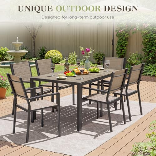 Greesum Patio Dining Set 7 Piece, Outdoor Furniture Textilene Chairs with Large Table, Comfortable for Porch, Pool, Garden, Brown