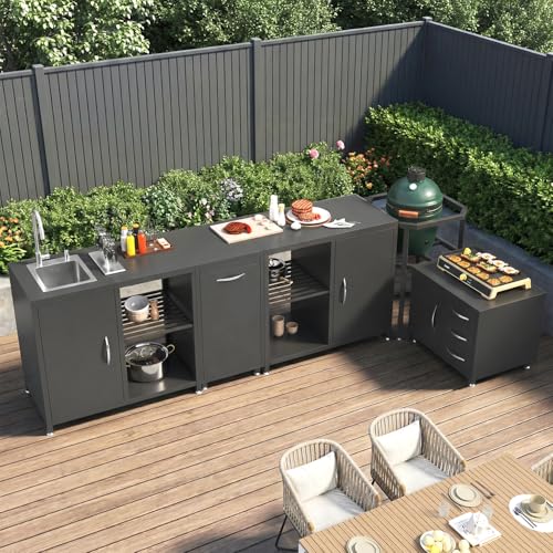 EROMMY 5-Piece Modular Outdoor Kitchen Island with Sink, Large Storage Cabinet & Shelf, Pull-Out Trash Drawer and Grill Stand, Outdoor Storage Kitchen Set for BBQ, Deck, Backyard, Black
