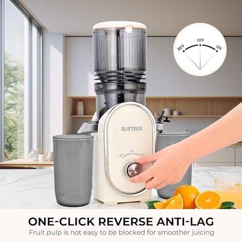 SUSTEAS Cold Press Juicer, 5.3" Feed Chute Slow Masticating Machines with 300W, Fit Whole Fruits & Vegetables, High Juice Yield, Easy to Clean, White