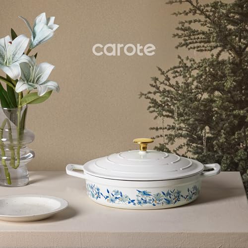 CAROTE 3.5QT Shallow Dutch Oven, Enameled Flora Cast Iron Braiser Pan Casserole Skillets with Lid, Versatile Heavy-Duty Cookware for Sourdough Bread Baking, Braising, Stews, Roasting, All Stovetop Compatible, Oven Safe up to 500° F, White & Blue