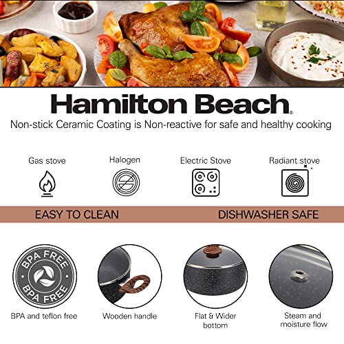Hamilton Beach 3 Quart Nonstick Marble Coating Even Heating Round Dutch Oven Pot with Glass Lid and Wooden Like Soft Touch Handle, Dutch Oven Pot, Braising, Roasting