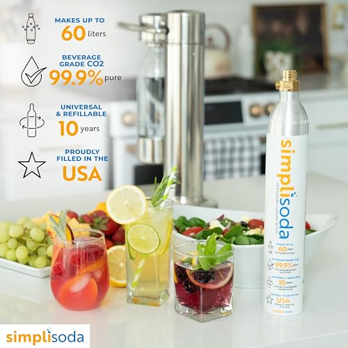 Simpli Soda 60L CO2 Canister Cylinders - Compatible w/Sodastream BLUE Screw-In Only, Ninja Thirsti, Philips, and More - Threaded Style Soda Streaming Machine CO2 Tanks Gas Refill, | 14.5 oz, 1 Pack