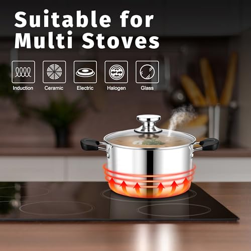 5 Quart 3-Ply Cooking Stock Pot with Lid, P&P CHEF Stainless Steel Large Pot for Pasta Soup, Work on Multi Stove, Heavy Duty & Dishwasher Safe, Dual Heat-resistant Handles & Transparent Glass Lid