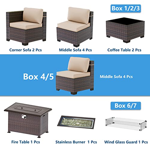 ASJMR Outdoor Patio Furniture Set with Gas Fire Pit Table, 13 Pieces Outdoor Furniture Set Patio Sectional Sofa w/43in 55000 BTU Propane Fire Pit, PE Wicker Rattan Patio Conversation Sets - Brown