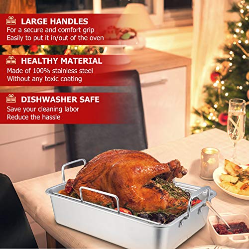 P&P CHEF 14" Roaster Roasting Pan with Baking Rack and V-shaped Rack, Stainless Steel Rectangular Lasagna Pan with Handles for Turkey Chicken, Healthy & Dishwasher Safe, 3 Pieces, Silver