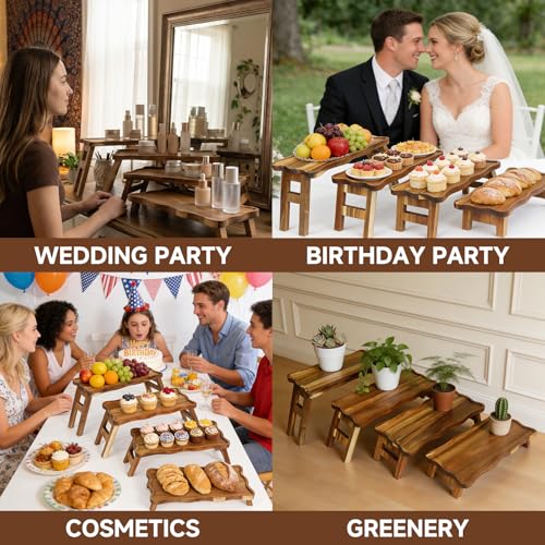 BOY MCOWBOY Acacia Wood 4 Tiered Serving Tray for Party, 16.7" x 7.7" Cupcake Stand Foldable Dessert Table Display Set Charcuterie Boards for Birthday Wedding Veggie Fruit