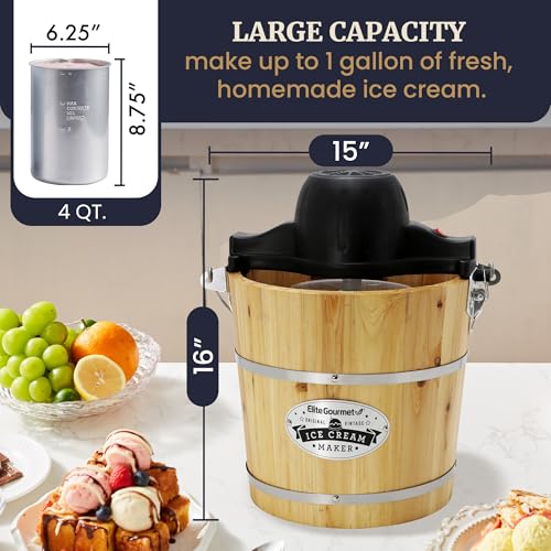 Elite Gourmet EIM402 Old Fashioned 4 Quart Vintage Wood Bucket Electric Ice Cream Maker Machine, Bonus Classic Die-Cast Hand Crank for Churning, Uses Ice and Rock Salt Churns Ice Cream in Minutes