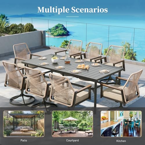 Patio Dining Set 7 Piece, 6 x Woven Rattan Swivel Chairs with Waterproof Cushion, 59" Rectangular Metal Dining Table with Umbrella Hole, Outdoor Table and Chairs Set for Backyard Lawn and Deck, Beige