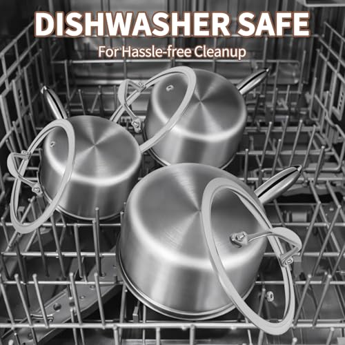 EWFEN 3 Ply Stainless Steel Sauce Pan Set with Lids, 1 & 2 & 3 Quart Multipurpose Cooking Pot, Stay-Cool Handle, Induction Oven Dishwasher Safe, 1QT & 2QT & 3QT