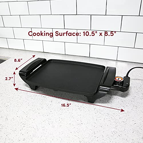 Elite Gourmet EGR2722A Electric 10.5" x 8.5" Griddle, Cool-touch Handles Non-Stick Surface, Removable/Adjustable Thermostat, Skid Free-Rubber Feet, Black