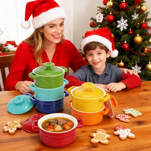Hacaroa Set of 6 Mini Cocotte with Lid, 8 Oz Ceramic Ramekins with Handles, Small Casserole Dishes Individual Serving Pot for Baking, Soufflé, Soup, Cobbler, Oven Safe, 6 Colors