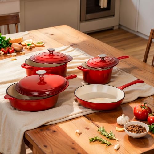 DishDelight Enameled Cast Iron Cookware Set, 7 Piece Induction Dutch Oven Set with Lid, Red Pots and Pans Set Nonstick, PFOA&PFAS Free