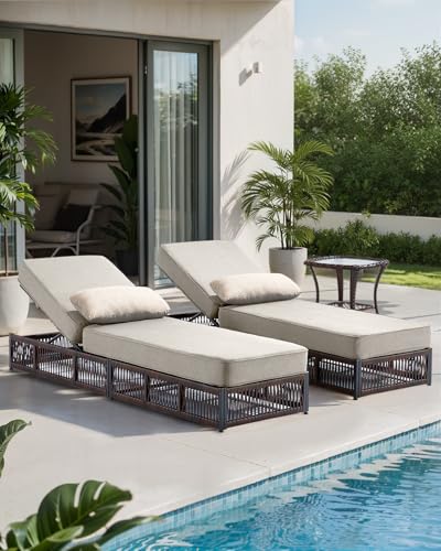 ACTREST Luxury Outdoor Chaise Lounge Chairs of 2 with 5 Inch Thick Cushions and Side Table - 3 PCS High Back Brown Wicker Rattan Patio Recliners Lounger Furniture Set for Poolside Sunbathing - Beige