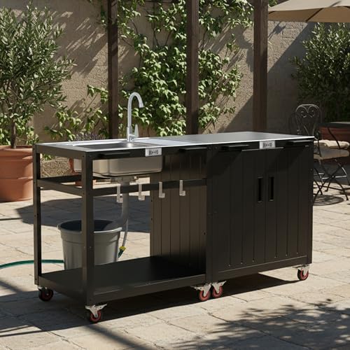 FEASTO 35-Inch Outdoor Grill Cart with Stainless Steel Sink, Rolling BBQ Prep Table with Faucet, Storage Shelves and Lockable Wheels for Patio, Backyard and Outdoor Cooking, Silver & Black