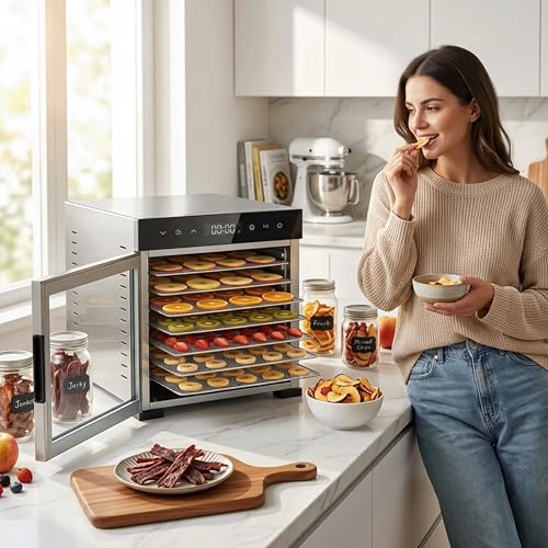 Simple Deluxe Food Dehydrator, Fruit Dryer Machine with 8 Stainless Steel Trays, 500W Powerful Motor, 185°F Adjustable Temperature & 48-Hour Timer for Jerky, Fruits, Herbs, Dog Treats, Silver