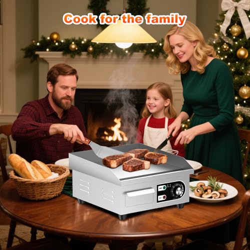 HTTSICHI 14’’ Commercial Electric Griddle - Electric Cast Iron Griddle w/Stainless Steel Material and Non-Stick, 110V Commercial Griddle w/ 1/2" Thick Iron Cooking Plate for Indoor and Restaurant