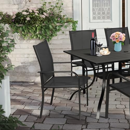 Crownland 7 Piece Patio Dining Set, Outdoor Textilene Dining Sets, 6 Textilene Metal Chairs and Rectangular Outdoor Dining Table with 1.57" Umbrella Hole,Black