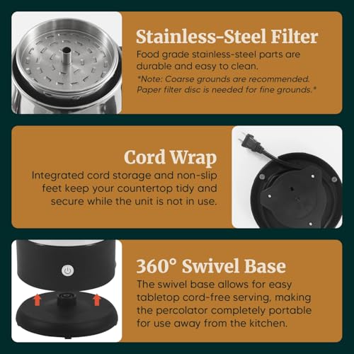 Elite Gourmet EC812 Electric 12-Cup Coffee Percolator with Keep Warm, Clear Brew Progress Knob Cool-Touch Handle Cord-less Serve, Stainless Steel