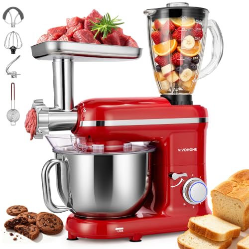 VIVOHOME 3-in-1 Stand Mixer, 6-Quart Tilt-Head Mixer, 10 Speeds, Red
