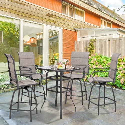 Vongrasig 5 Piece Patio Swivel Bar Set, All Weather Metal Textilene High Stools Chair Set of 4 and Glass Table, Outdoor Top Bistro for Lawn Garden, Balcony, Taupe Padded Gray VG-HGB4C1T