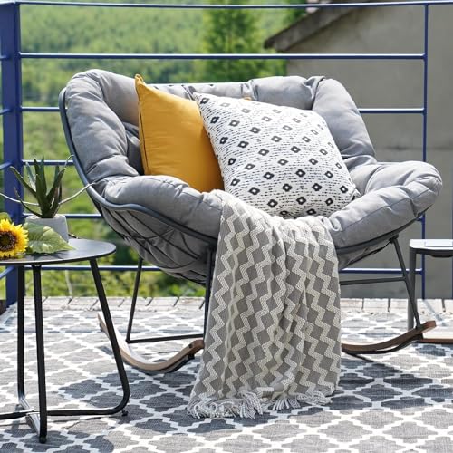 Grand patio Outdoor Rocking Chair, Oversized Papasan Rocking Chair with Thick Cushion, Indoor Outdoor Cozy Rocker for Balcony, Living Room, Patio, Gray