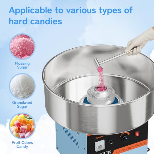 ROVSUN 21 Inch Cotton Candy Machine,Electric Commercial Cotton Candy Maker Machine Candy Floss Maker Machine w/Cover,Stainless Steel Bowl,Sugar Scoop and Large Storage Drawer for Party Carnival,Blue