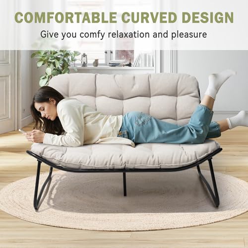Outdoor Loveseat with Soft Cushion,Patio 2-Seat Boho Sofa (Beige)