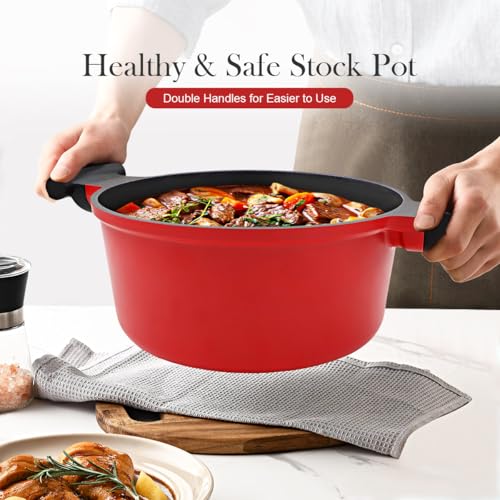 Bobikuke 3 Qt Lightweight Dutch Oven Pot with Lid, Small Aluminum Dutch Oven Nonstick, Cooking Pot for Stew Braise Simmer and Fry, Induction Pots for All Stoves, Stay-Cool Handle, PFOA Free, Red